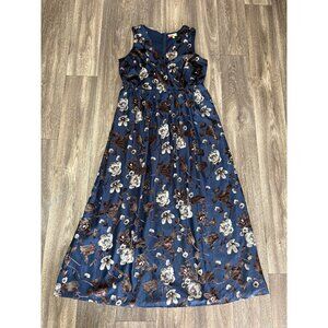 FERVOUR WOMENS PLUS SIZE 1X MAXI DRESS FLORAL VELVET SLEEVELESS V-NECK BLUE